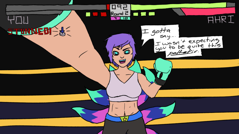 Arcade Arhi from League of Legends drawn in boxing gear. She's got one hand holding the viewer's head still while the other is pulled back for a punch. A fighting game-like UI shows Ahri missing little health while the player is almost out and has been knocked down twice. They're also stunned. A speech bubble for Ahri reads 'I gotta say...I wasn't expecting you to be quite this pathetic.'