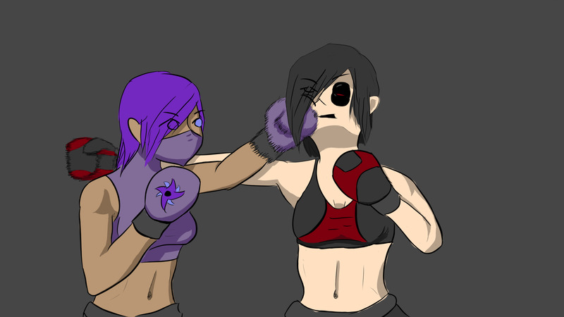 A boxer missing her opponent with a punch and getting punished for it hard. It looks like she's already taken a good deal of punishment, sporting a black eye, and it seems this punch may have just put her out.