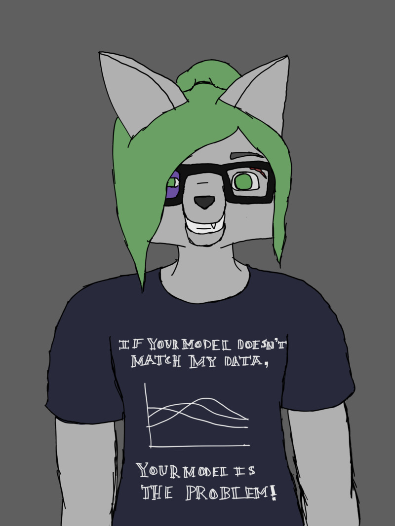 Wynter with a black eye and a cut, smiling, wearing a shirt that reads 'If your model doesn't match my data, your model is the problem.' Also, she has glasses now.