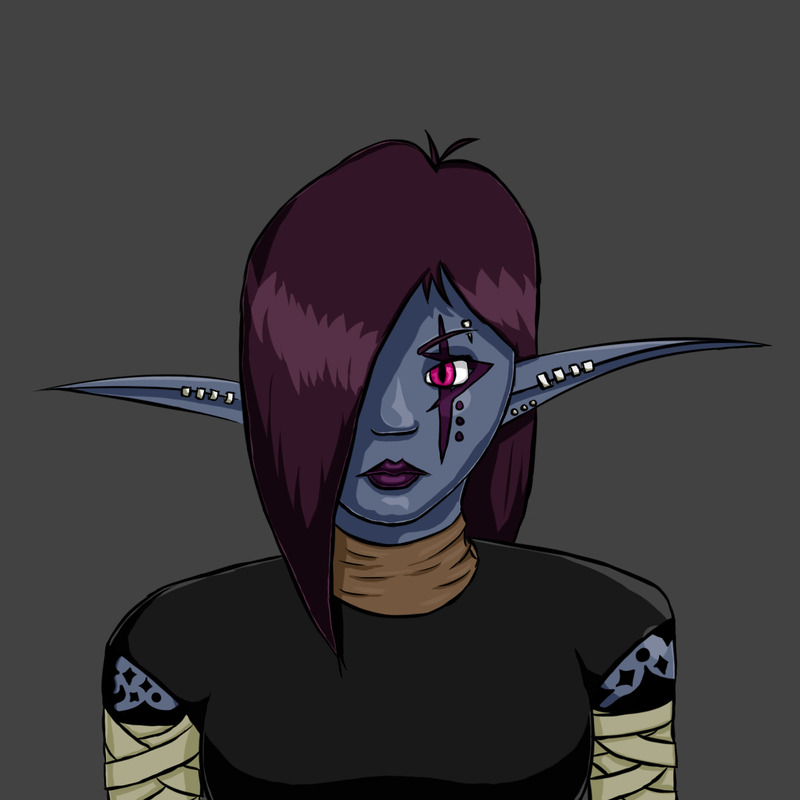 A dark elf with tattoos on her arms and face, bone earrings, and bandages wrapping her arms. She seems less than amused.