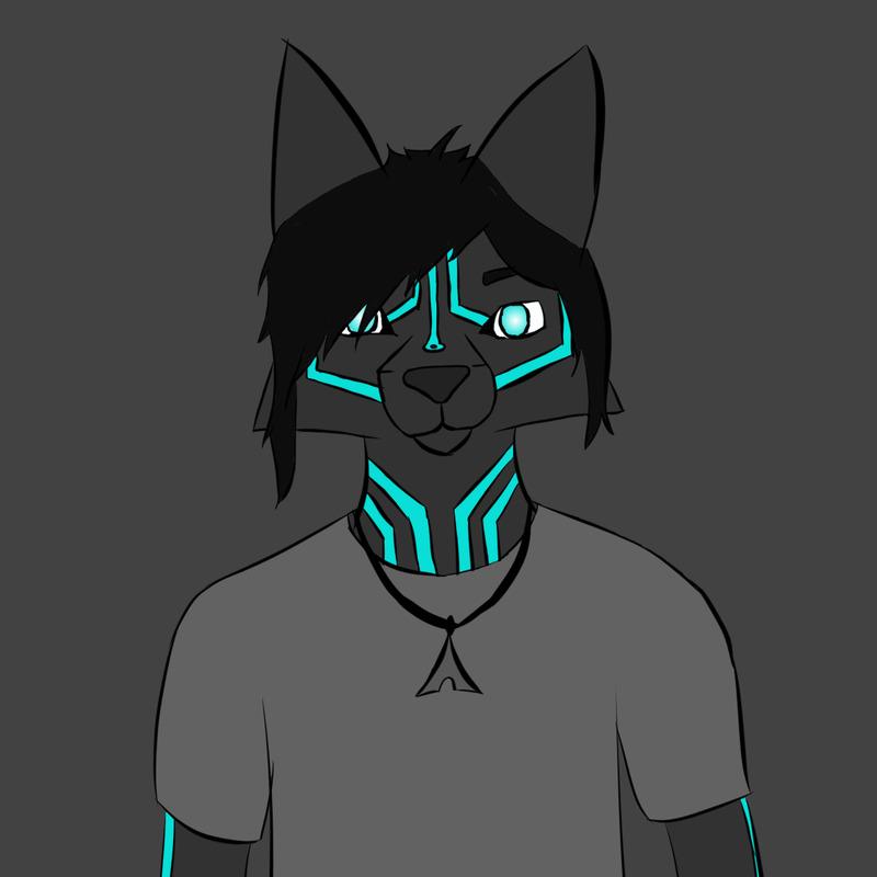 A wolf with short-ish black hair and glowing blue PCB marking across his body.