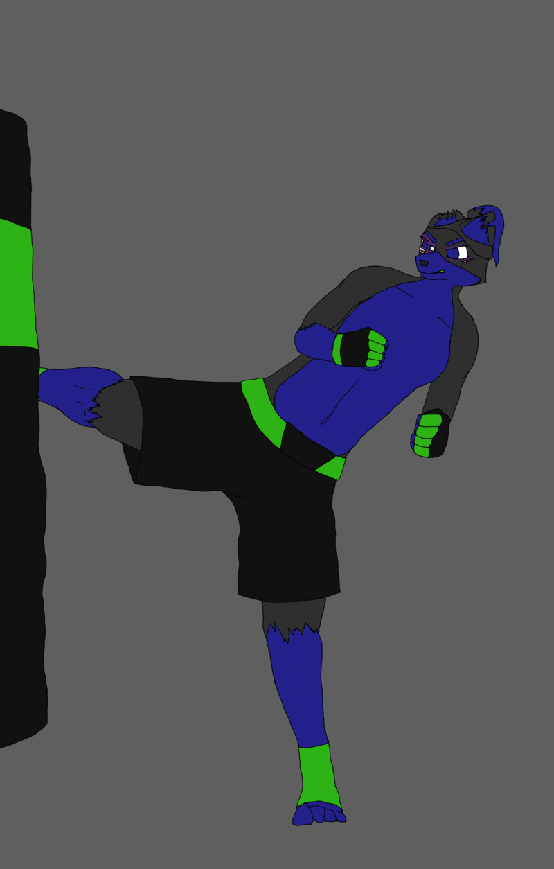 Aura (drawn male here) in MMA gear kicking a punching bag. He's still got a black eye and some cuts from the beating he took in Beaten but not quite broken.
