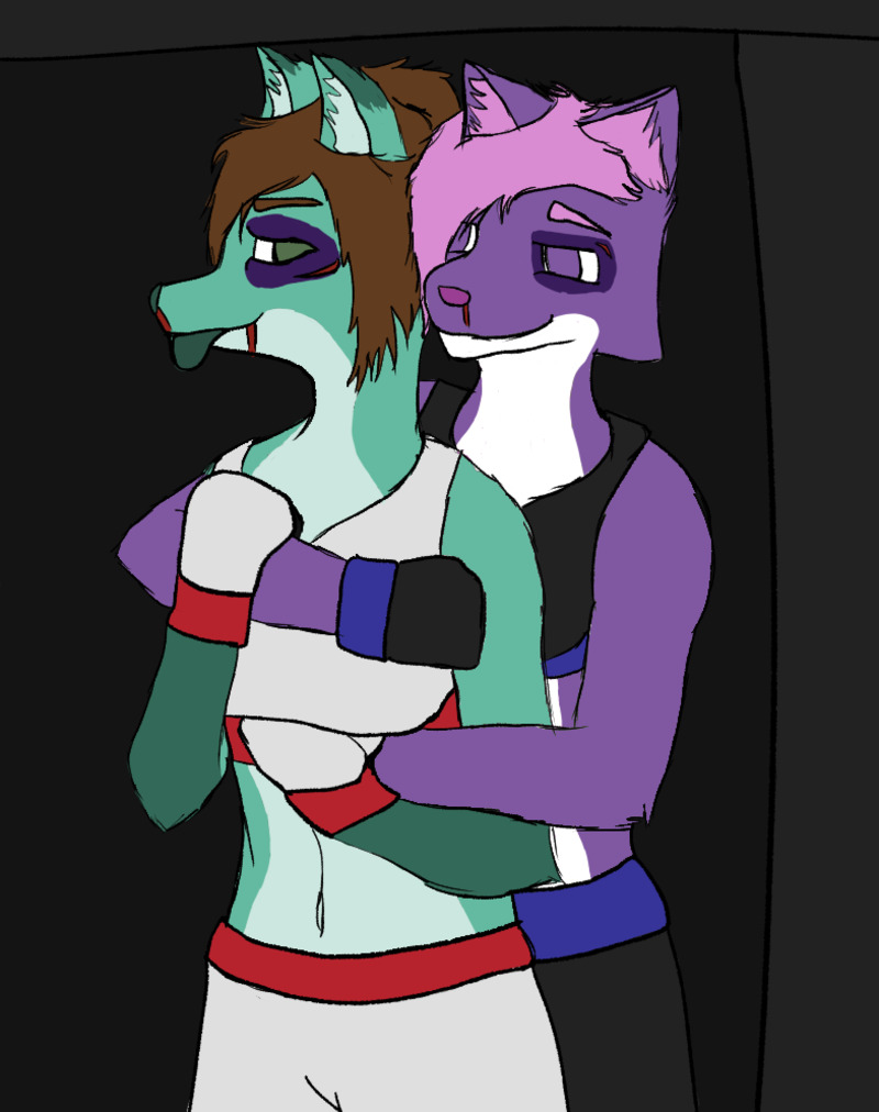 A vixen being held by a she-wolf. Both are wearing MMA gear and are cut and bruised. The fox is looking back towards the wolf and sticking her tongue out playfully.