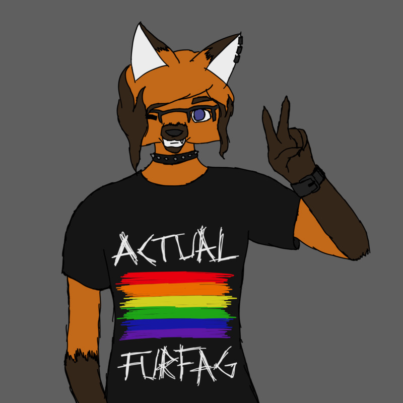 An anthro red fox winking, holding up a peace sign, and wearing a shirt with a gay pride flag and the text 'Actual Furfag'