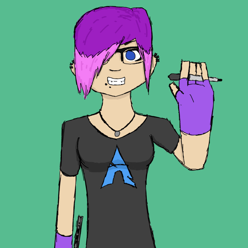 Me with pink and purple hair, wearing an Arch Linux shirt, smiling, and waving to the camera while holding a drawing tablet pen.