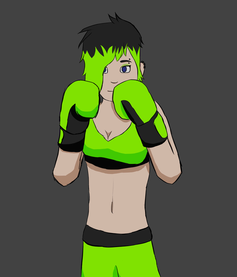 Me in black and neon green boxing gear, with my hair coloured to match.