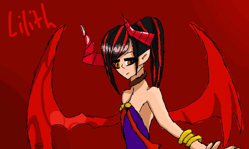 A black-haired demoness in a dress looking kinda sad holding a hand out behind her.