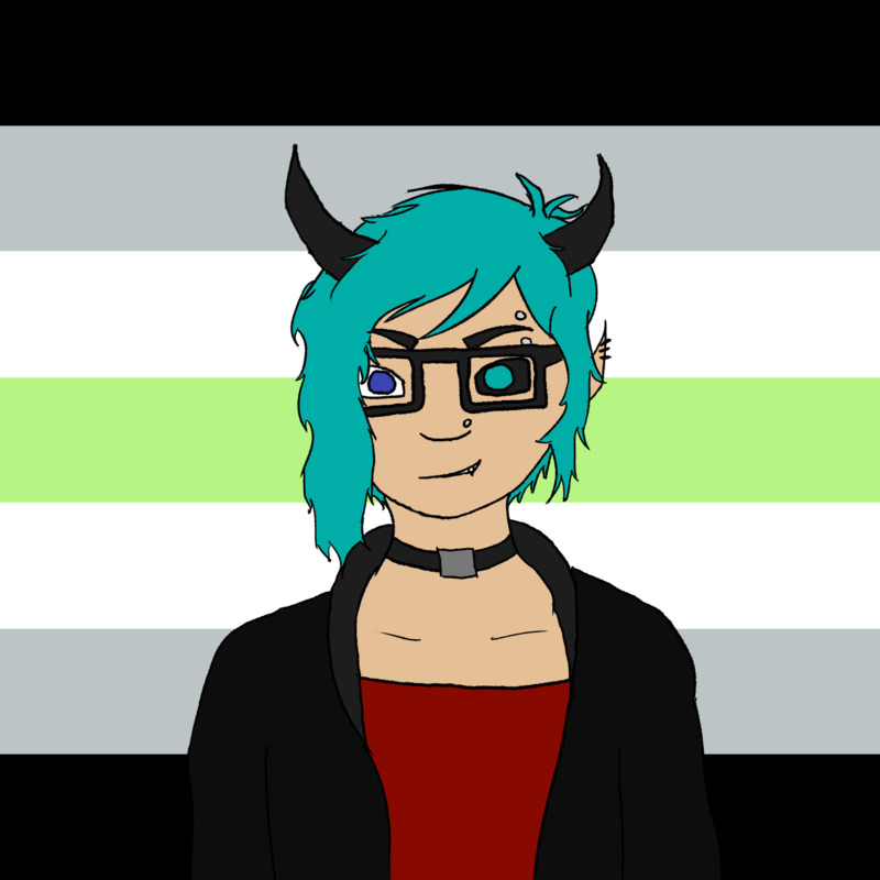 It's my incubus form, smirking like the cocky fuck fae is, standing in front of an agender pride flag.