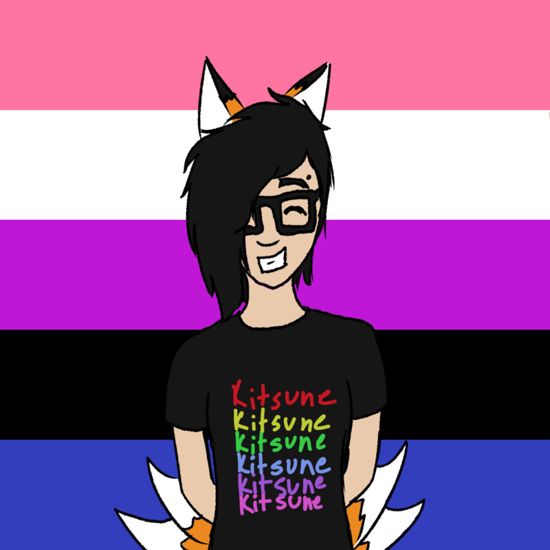 A white enby with black hair and fox ears/tails