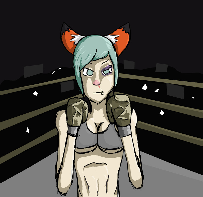 A pale foxgirl wearing boxing gear and holding up a weak guard. She's got a black eye and a bloody nose and is smirking.
