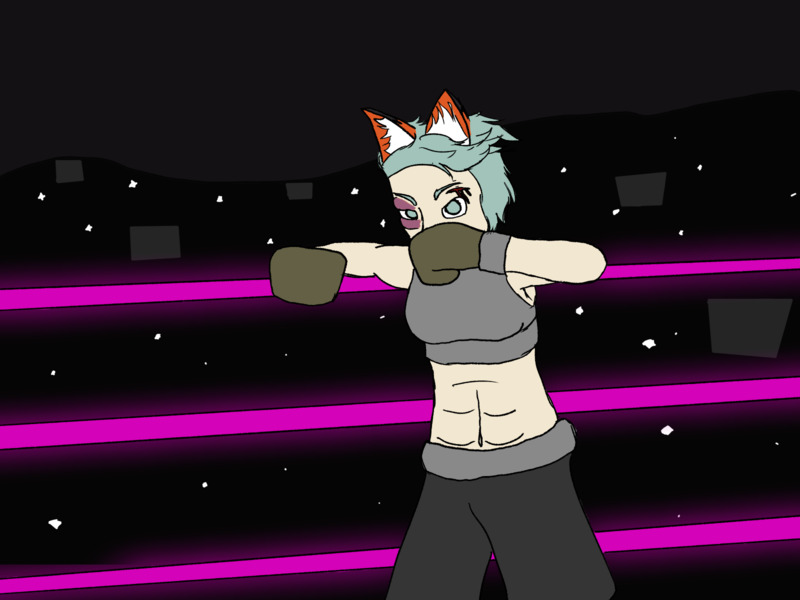 A pale foxgirl in boxing gear leaning on the ropes of a boxing ring and wiping blood off her face.