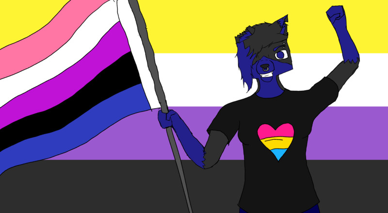 It's Aura with a pan pride shirt on, holding a big genderfluid pride flag and standing in front of an enby pride flag.
