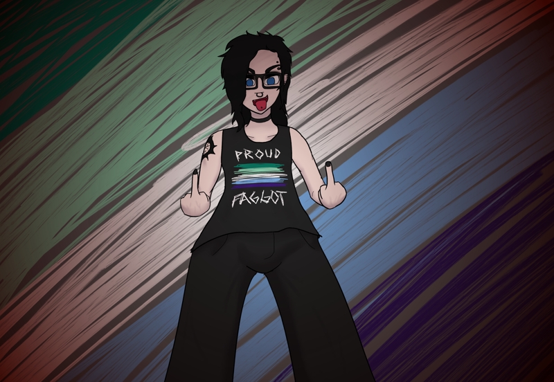 It's me with long black hair. I'm depicted from a low angle, flipping off the camera with both hands. I've got a look on my face that almost seems to say 'Get fucked, bitch!' I've got on a tank with a gay pride flag and the text 'Proud Faggot'. There's a gay pride flag across the background and a blood red vignette over the top.