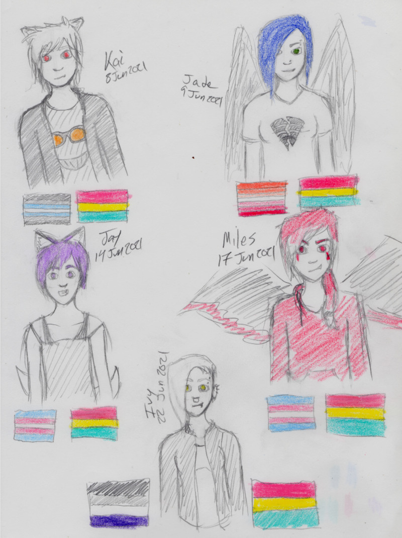 5 people. Kai is a catboy with red eyes and short white hair. Here, he's depicted in a Ticci Toby t-shirt. Under him are the demiboy and pan pride flags. Jade is a fallen angel with  short-ish blue hair, green eyes, and black wings. She's depicted here with a t-shirt with a wifi symbol drawn like a broken heart. Under her are the lesbian and pan pride flags. Jay is a kitsune with short purple hair and purple eyes. He's got on a tank top. Under him are the trans and pan pride flags. Miles is a demon with long red hair that fades to white pulled into a ponytail and red eyes with red marking underneath. He's got black wings with red tips. He's wearing a red hoodie. Under him are the trans and pan pride flags. Ivy is a human with white hair and hazel eyes. She's wearing a t-shirt with a black leather jacket over it. Next to her are the asexual and pan pride flags.