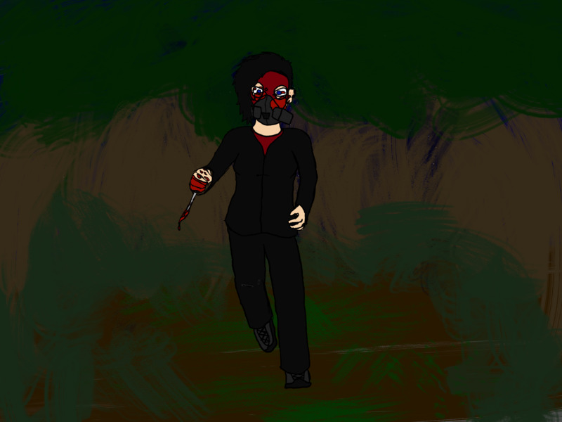 Me wearing a black hoodie, black jeans, and a full-face respirator painted like a gas mask (with the tiny eyeholes, you know?) covered in blood, wielding a knife, and charging at the camera.