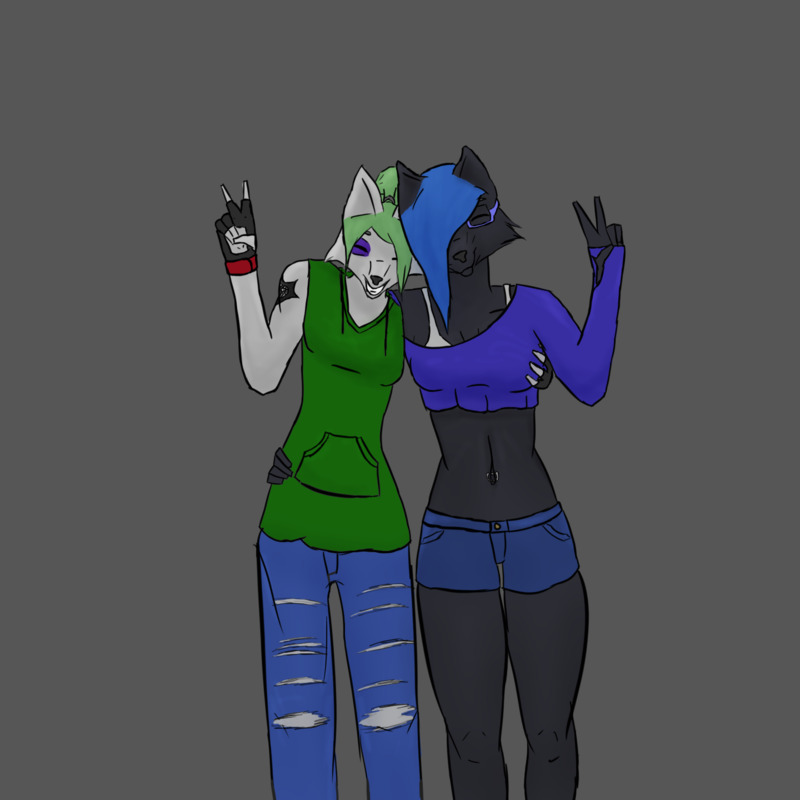 An anthro arctic wolf and grey wolf smiling at the camera, both using one arm to hug the other and the other to hold up a peace sign
