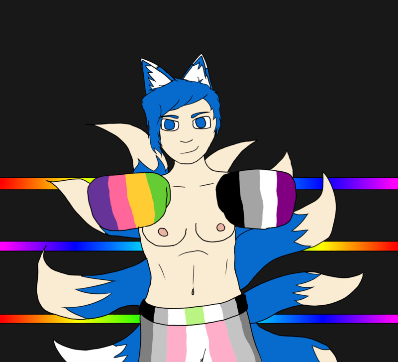 A blue haired kitsune, topless and thus with tits out, wearing pride boxing gear. One glove's sapphic pride, the other's ace. Her trunks are demigirl pride with agender pride belt.