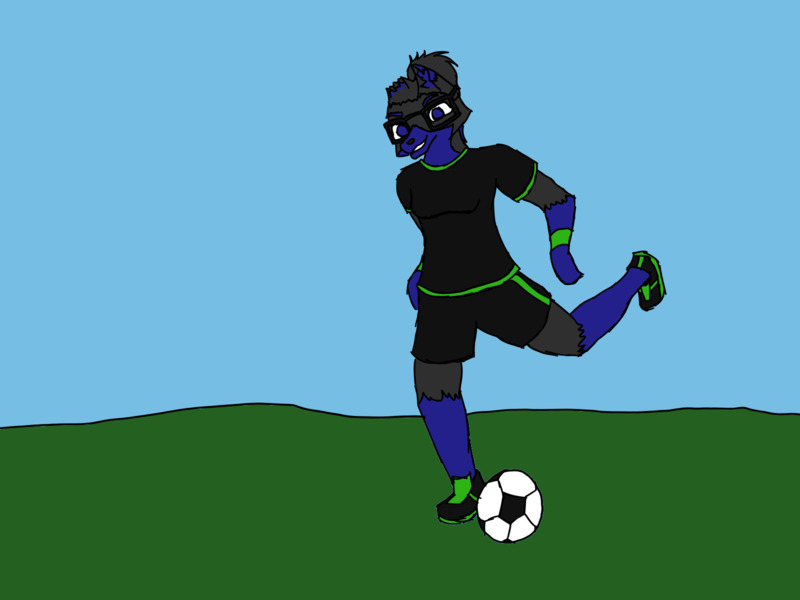 Aura wearing soccer gear about to kick a soccer ball.