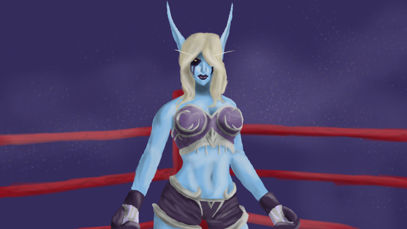 Sylvanas, a dark elf, wearing boxing gear and standing in the corner of an inexplicably outdoor boxing ring