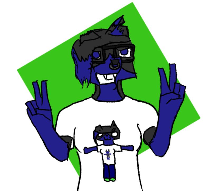 Aura smiling and holding up double peace signs while wearing a t-shirt of xem t-posing while wearing a shirt of xem t-posing.