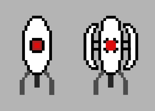 Some pixel art of turrets from Portal. One's resting, the other is deployed.