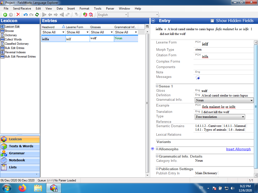 Fieldworks on Windows 7 with the lexicon edit mode open. It's got the stem ielf open