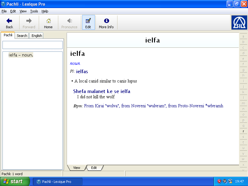 A screenshot of Lexique running on Windows XP. It's got a database for Pachli open with info on the word ielfa.