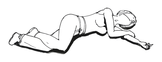 In recovery position, the patient should be on their side leaning forward, legs and arms in front of them to help keep them propped up. The mouth and airway in general should be facing downwards to allow fluid to drain out.