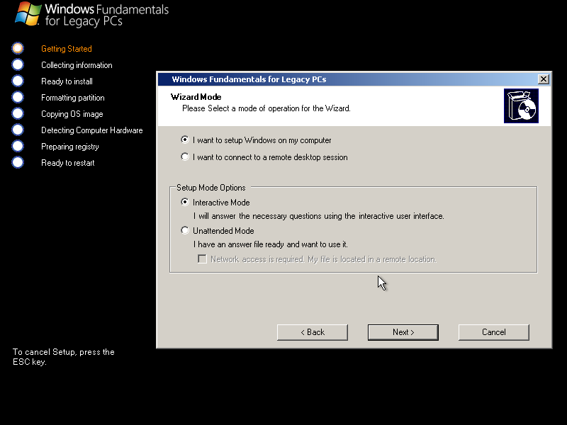 Wizard mode. It lets you install in either interactive or unattended mode or connect to a remote desktop session.