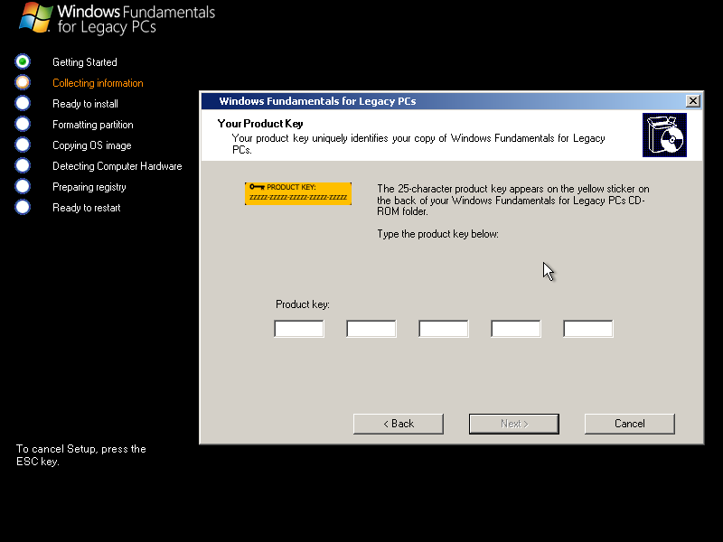 The product key entry screen from the Windows FLP installer. The key is apparently on a yellow sticker in the CD folder. Interesting.