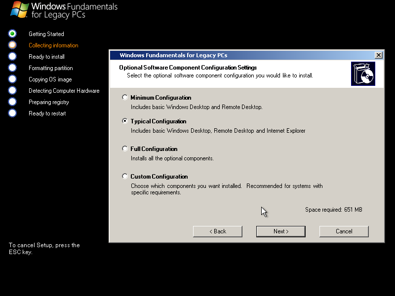 Your options for stuff are minimal, typical, full, or custom configuration. Minimum is the desktop and remote desktop. Typical adds Internet Explorer. Full has everything.