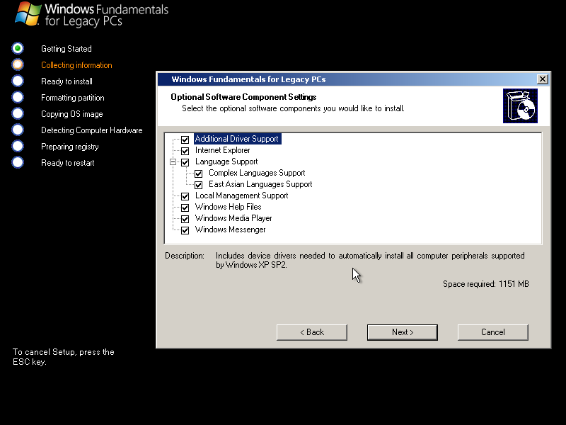 Components include Additional Driver Support, Internet Explorer, Language Support including Complex and East Asian Languages, Local Management Support, Windows Help Files, Windows Media Player, and Windows Messenger. We're installing everything.