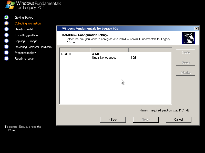 Partition screen. It lists drives and partitions, plus lets you create new partitions.