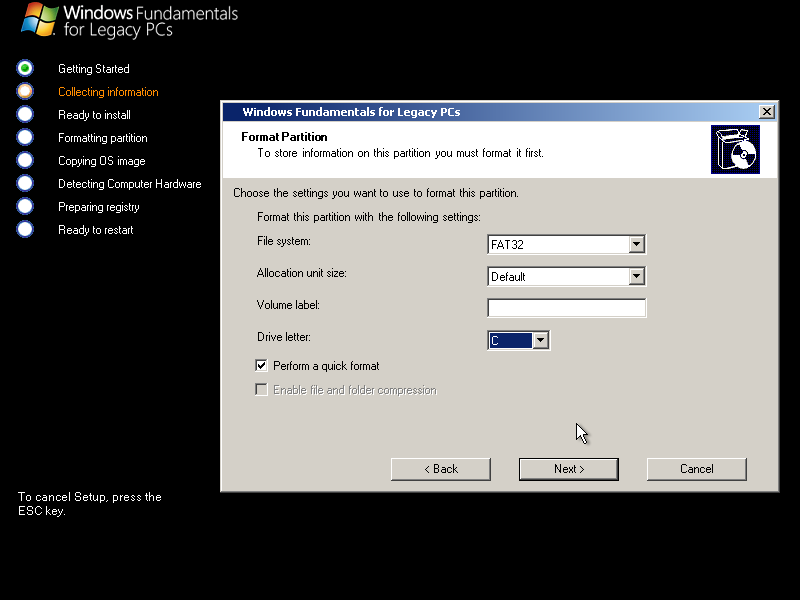 Format partition screen. You can choose file system (FAT32 or NTFS), allocation unit size, volume label, drive letter, whether to quick format, and whether you want compression if you're using NTFS.