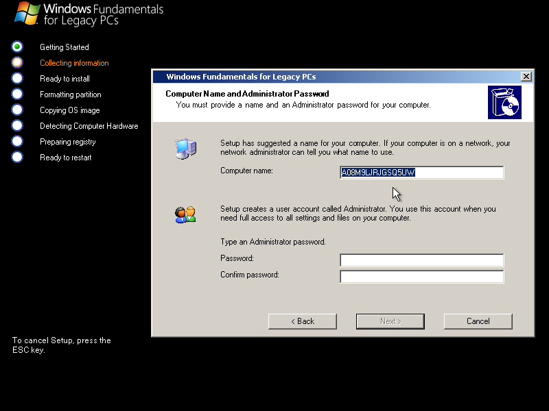 Computer name and admin password screen. The generated name is a string of random letters and numbers.