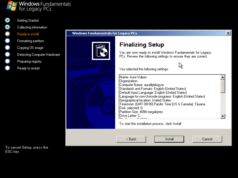 Finalizing setup screen. It lists what you selected for all the various options.