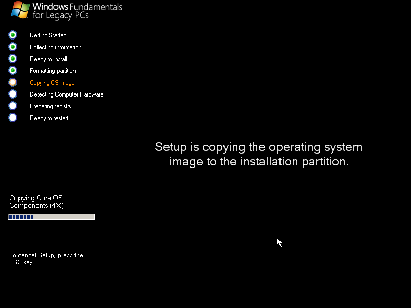 The installing screen has a little progress bar to the side, a list of what it needs to do, the FLP logo, and some informational text.