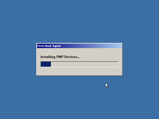 First Boot Agent. A lone dialog box with a progress bar. It's currently installing PNP devices.