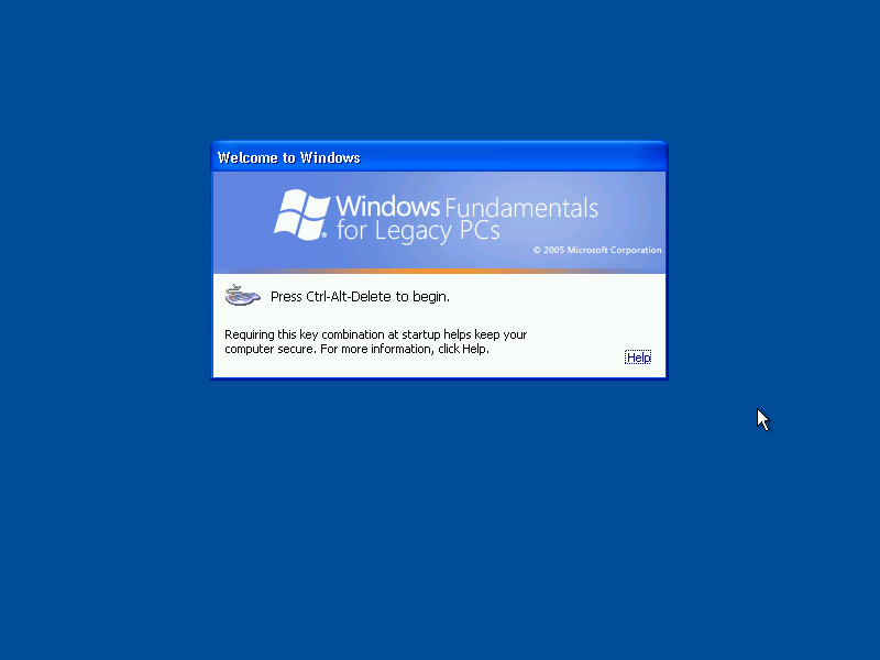 Windows XP login screen. The enterprise one, not the welcome screen. It's got a Windows FLP banner and is asking you to press control alt delete.