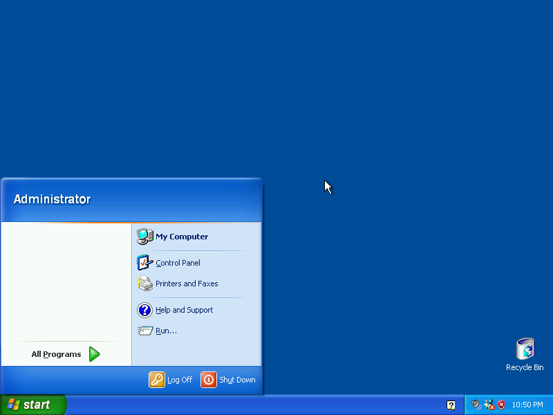 The Windows XP desktop but the start menu is smaller, has fewer buttons to the side, and there is no wallpaper, just blue. Also, the icons have only a few colours.