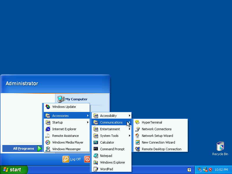 All programs. There's Internet Explorer, Remote Assistance, Windows Media Player, and Windows Messenger. Two folders. Startup is empty. Accessories has the normal accessibility and communications options, reduced entertainment and system tools and only has calculator, command prompt, notepad, explorer, and wordpad for programs.