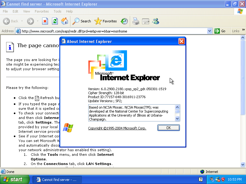 Internet Explorer 6 and its about screen. This version is 6.0.2900 specifically.
