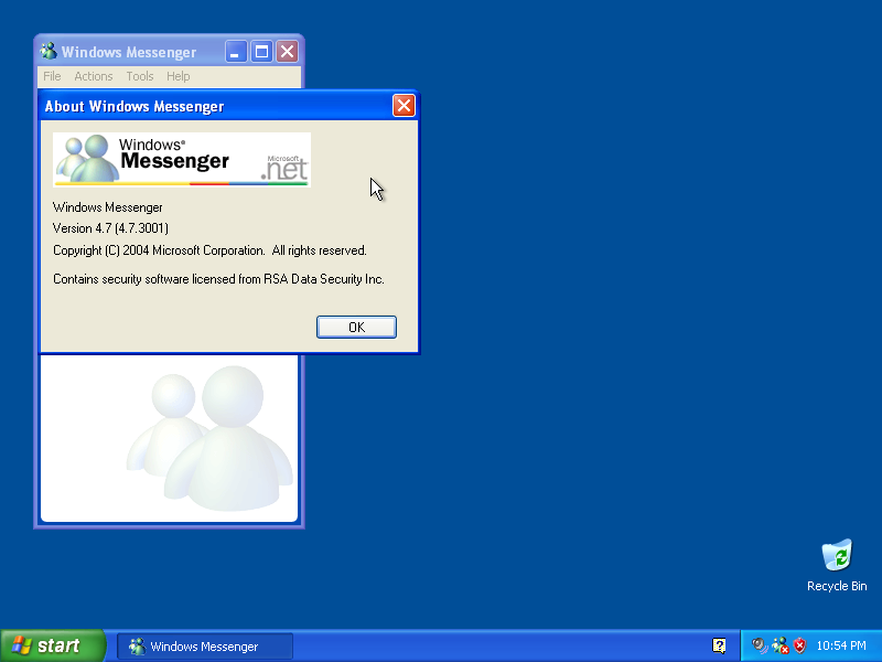 Windows Messenger 4.7.3001 and its about screen.