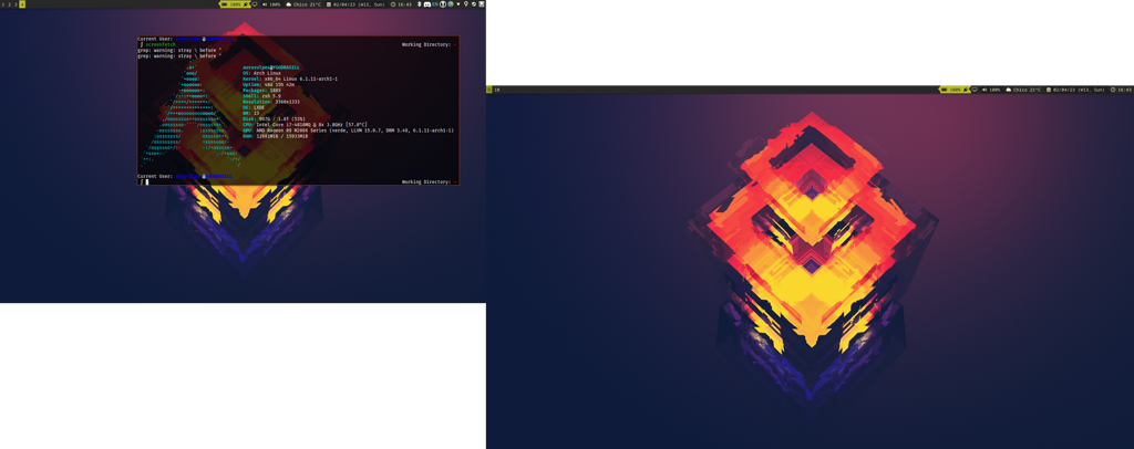 My i3 desktop. LXTerminal is showing screenfetch results.
